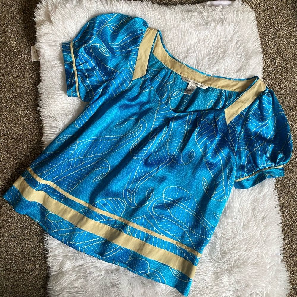 Diane Von Furstenberg Teal and Gold Short-Sleeve Silk Blouse